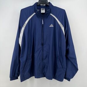 Adidas Mens 2XL Navy Blue White Stripe Full Zip Mesh Lined Windbreaker